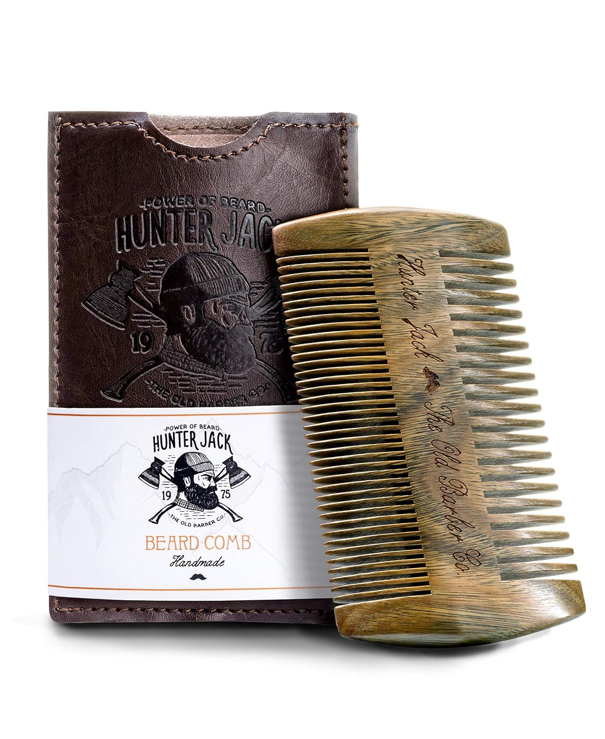 Sandalwood Beard Comb for Men - Handmade Premium Wooden Beard & Mustache Comb - Fine & Wide Tooth - Travel Pocket Size - Beard Grooming Kit for Men in PU Leather Case by Hunter Jack