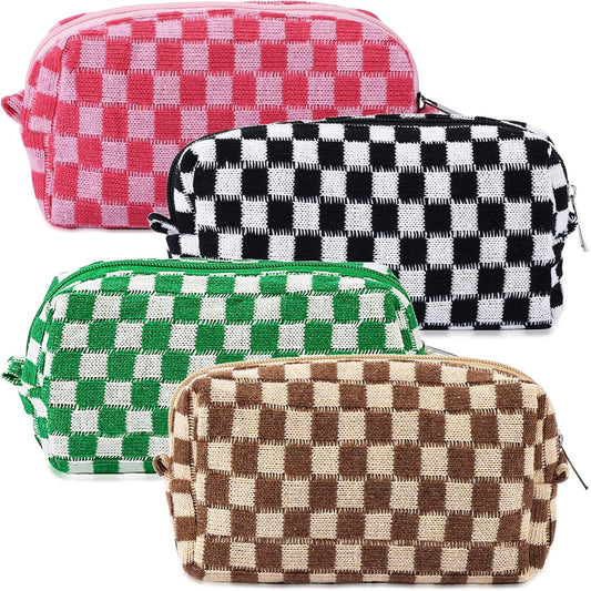 ZLFSRQ 4Pcs Checkered Pencil Case Cute Pencil Pouch for Teens Checkered Makeup Bag Medium Travel Cosmetic Bag Makeup Pouch for Purse Aesthetic Trendy Zipper Toiletry Bags(Green/Black/Pink/Brown)