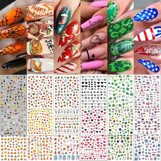 TailaiMei 30 Sheet All Holidays Nail Art Stickers, Christmas Mixed Seasons Variety Pack for Valentine's Day Halloween Fall Nail Decals, Self-Adhesive Year-Round Thanksgiving Nail Decorations