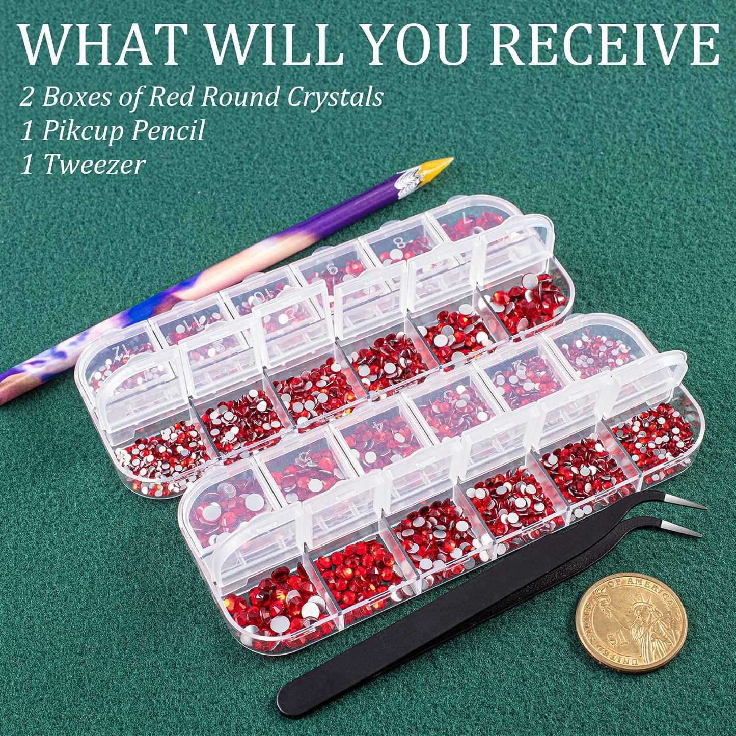 3440PCS 6 Sizes Red Glass Crystal Kit with Pickup Pen + Tweezer Tools for Iridescent Shine Nail Art Manicure Makeup DIY Deco Flatback Round Bead Rhinestone Gem Jewelry Diamond