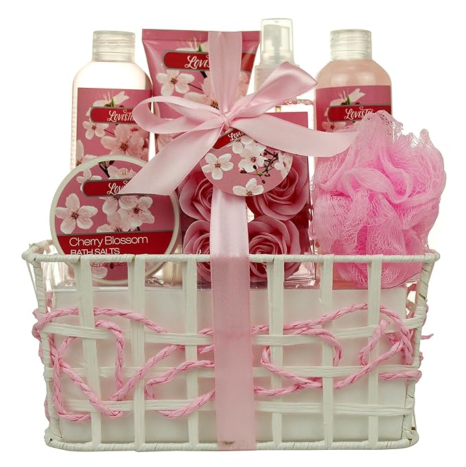 Spa Bath and Body - Spa Gift Baskets for Women & Girls, Cherry Fragrance, Spa Birthday Gift Includes Loofah Sponge, Bath Salt, Body Lotion, Soap Rose, Body Mist, Shower Gel Bubble Bath