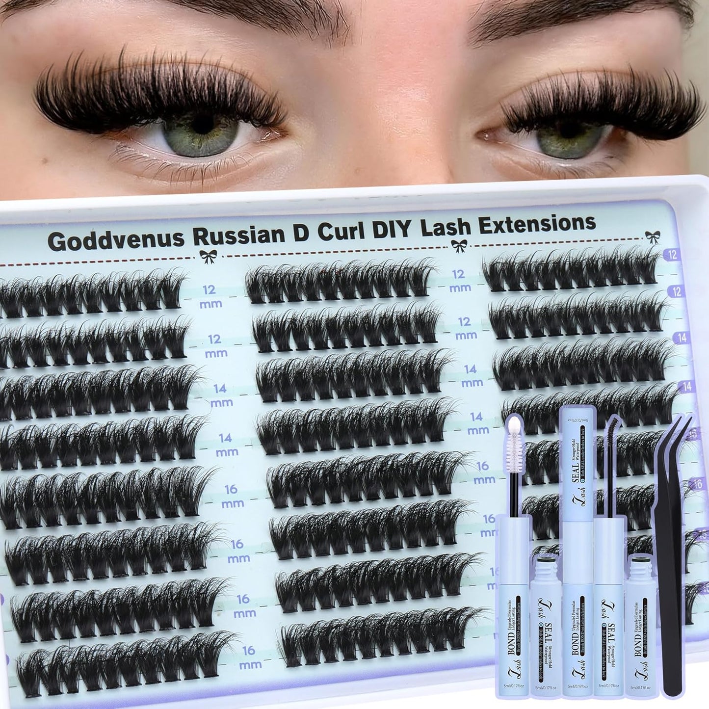 Lash Clusters Kit Wispy Lashes clusters Natural Fluffy Eyelashes Clusters 12mm 14mm 16mm Mixed Cluster Eyelash Extensions Kit D Curl DIY Individual Lashes Kit with Bond and Seal Lash Glue