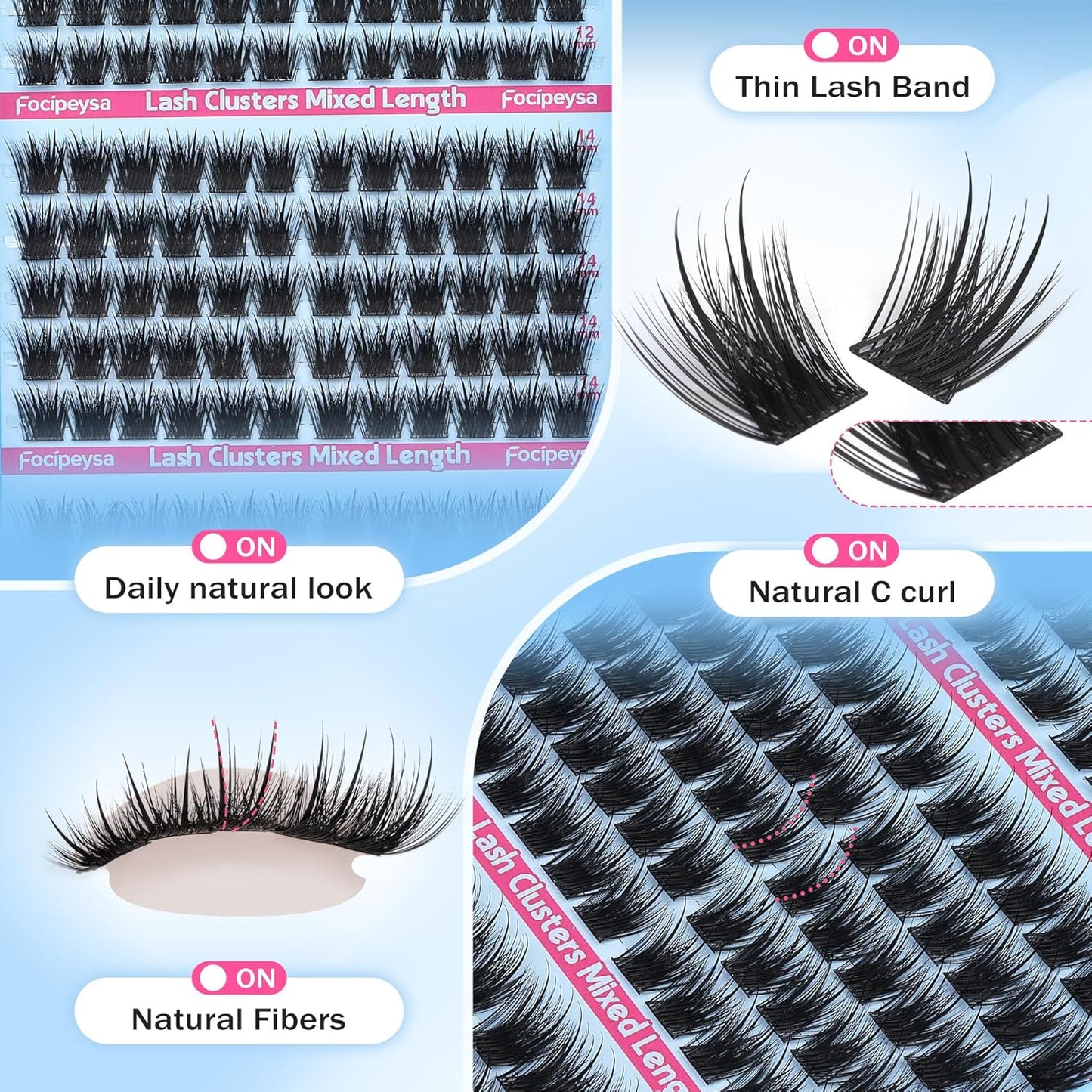 Focipeysa Wispy Lash Clusters Salon Effect Clusters Eyelash Extensions Volume Eyelashes Cluster Natural Lashes Extensions 10-16mm Individual Lashes DIY Clusters Lash Extensions at Home C Curly
