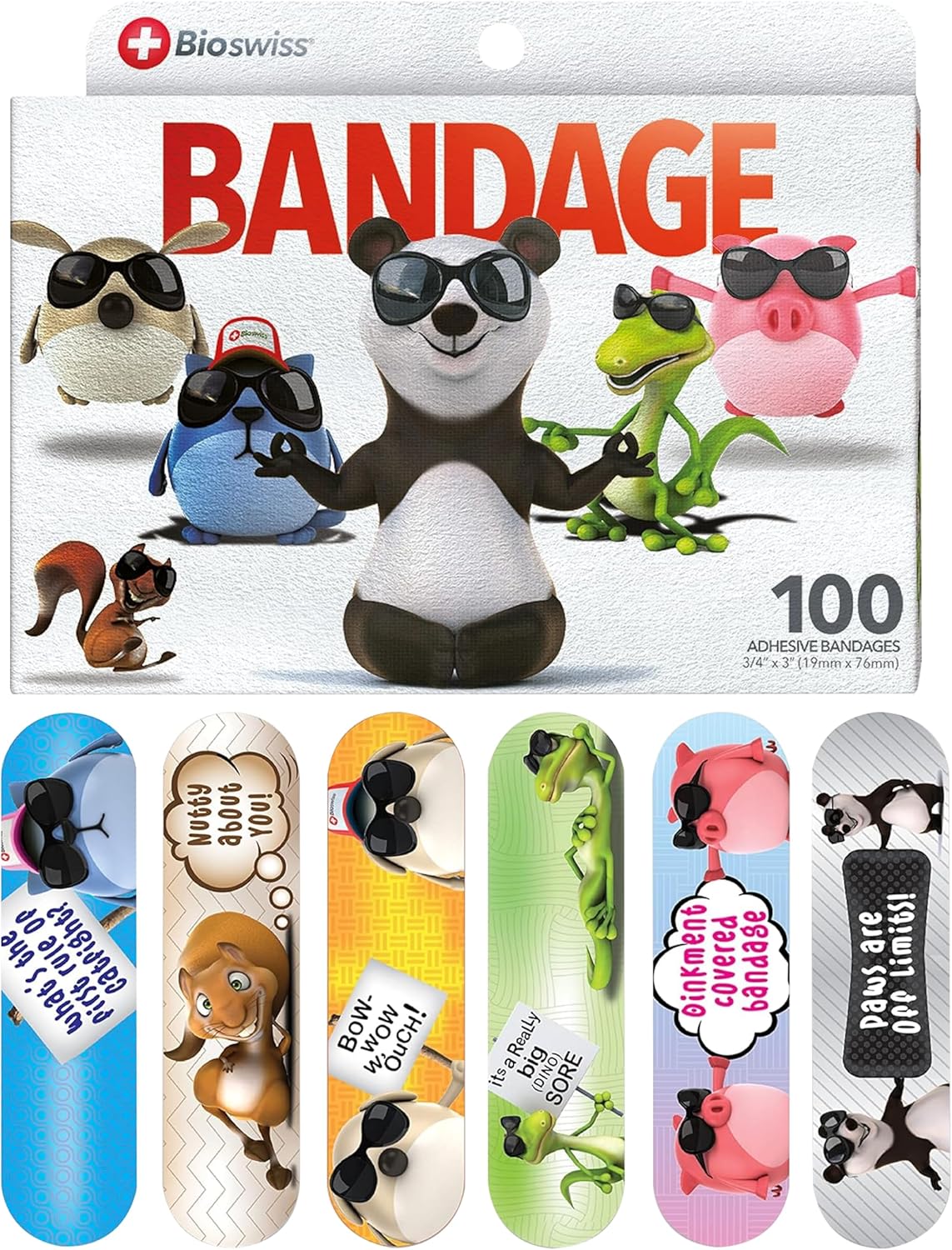 BioSwiss Kids Bandages, Assorted Animal Shaped Variety Self Adhesive Bandage, Latex Free, Sterile Wound Care, 100 Count