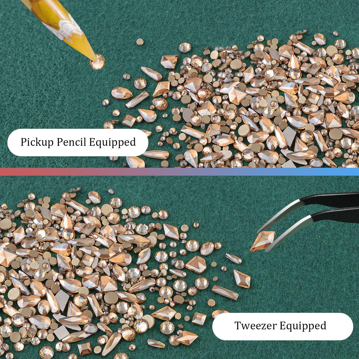 Multi Shapes Champagne 3D Glass Crystal Nail Art Rhinestones Kit with Flatback Round Bead Charm Gem Stone Jewelry Diamond with Pickup Pen + Tweezer for Manicure Makeup DIY Craft Decoration