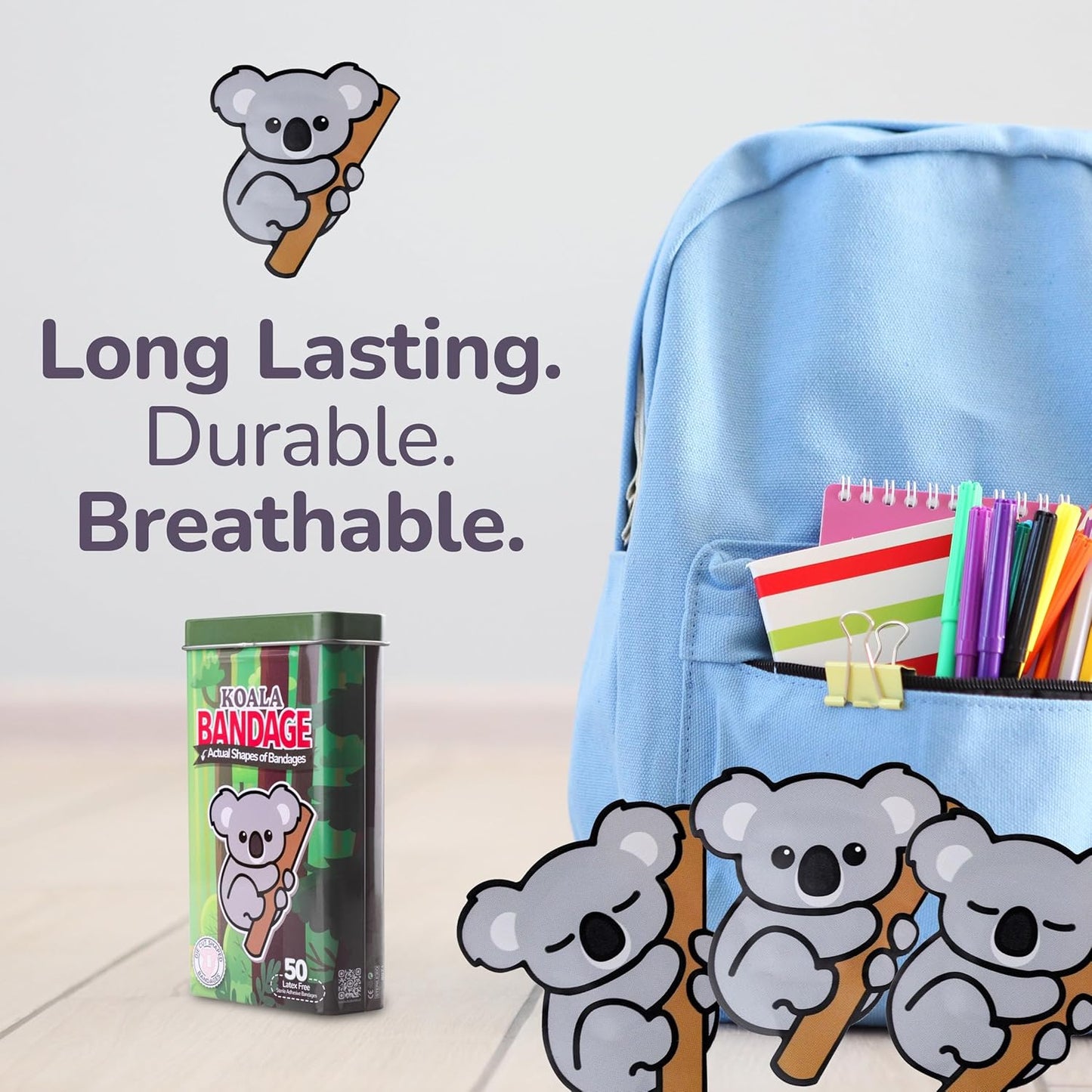 BioSwiss Kids Bandages, Koala Shaped Self Adhesive Bandage Set, Latex Free, Sterile Wound Care, 50 Count