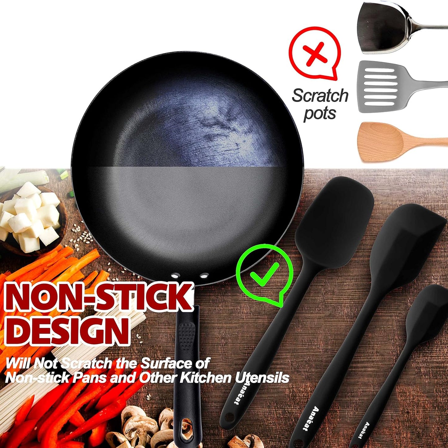 Anaeat 4 Piece Silicone Spatula Set - Seamless One-Pieces Design - Non Stick Rubber Spatulas Kitchen Scraper for Baking, Cooking, Scraping & Mixing, Heat Resistant & BPA Free & Dishwasher Safe (Black)