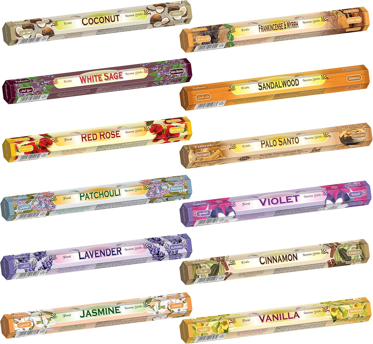 Tulasi Incense Sticks Pack of 12 Natural Scent (240 sticks) Variety Fragrance of Coconut, White Sage, Red Rose, Palo Santo, Lavender & Cinnamon etc, Ideal for Aromatherapy, Meditation & Positive Vibes