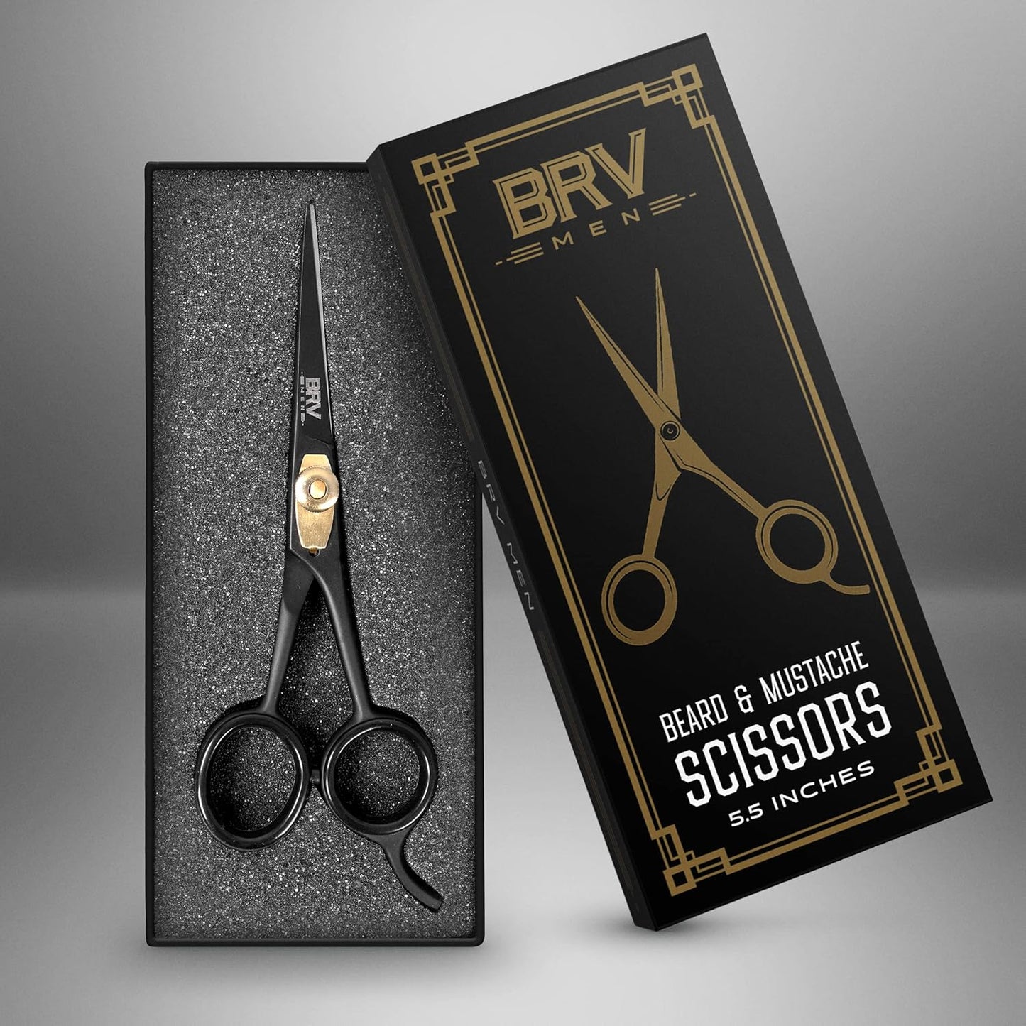 BRV MEN Razor Sharp Beard & Mustache Scissors - 5" - High Carbon Stainless Steel - Facial Hair Trimming Shears - RIGHT HANDED, Black