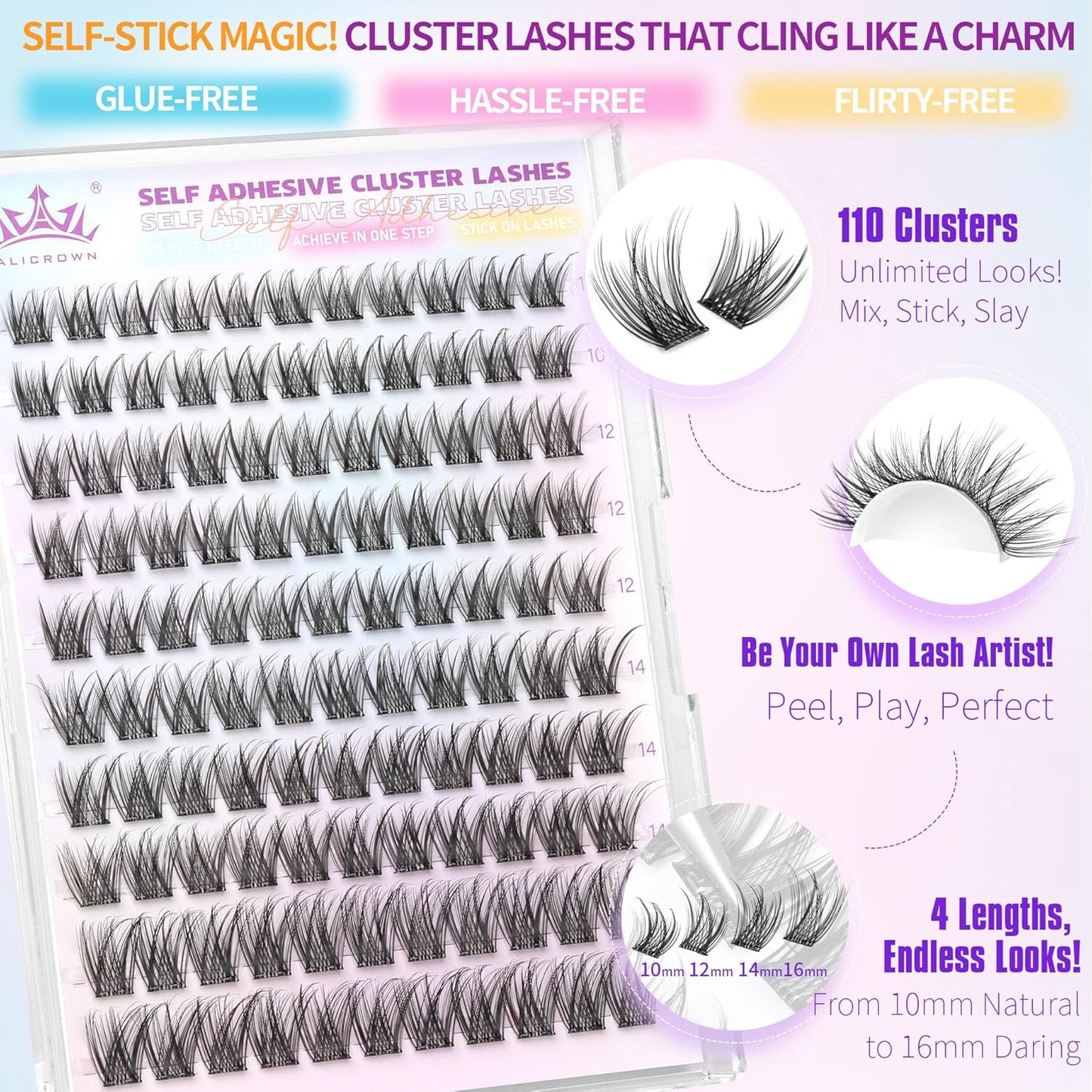 Self Adhesive Eyelashes No Glue Self Adhesive Lash Clusters Pre Glued Eyelashes Clusters Natural Wispy Glueless Eyelash Extensions Reusable DIY Lash Extensions (110Pcs, 10mm-16mm)