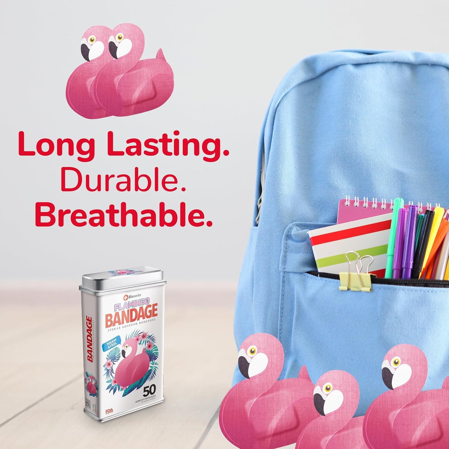 BioSwiss Kids Bandages, Flamingo Shaped Self Adhesive Bandage Set, Latex Free, Sterile Wound Care, 50 Count