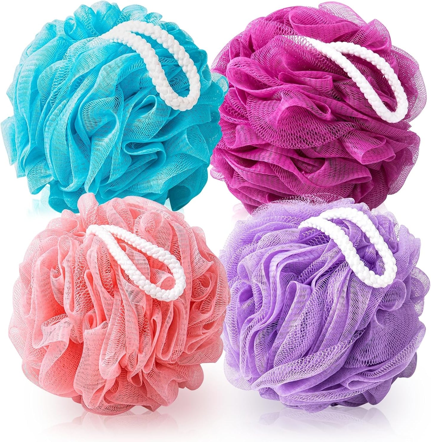 Loofah for Women 75g 4 Pack, Bath Sponge Soft Mesh Shower Puff Loofah Sponge, Exfoliating Body Scrubber, lufas for Women, Shower Accessories (Purple Red Pink Blue)