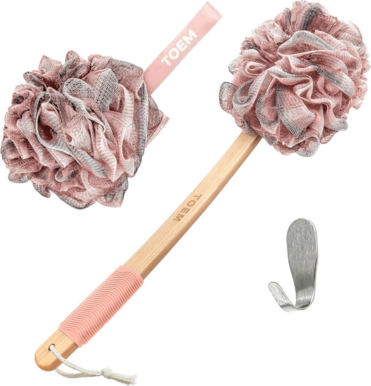 Loofah Back Scrubber for Shower | Bamboo Charcoal Fiber Infused | Loufas for Men & Women | Includes 1 Long Handled Shower Sponge, 1 Bath & Shower Luffa Pouf & 1 Hook to Hang Stuff (Rose Pink)