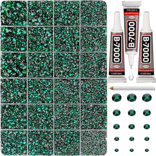30000Pcs Resin Rhinestones for Crafting Bedazzling, Green Flatback Gems Crystal for Crafts Clothing Shoes Fabric Tumbler Cups, Flat Back Dark Emerald Green Jewels Bulk with b7000 Glue