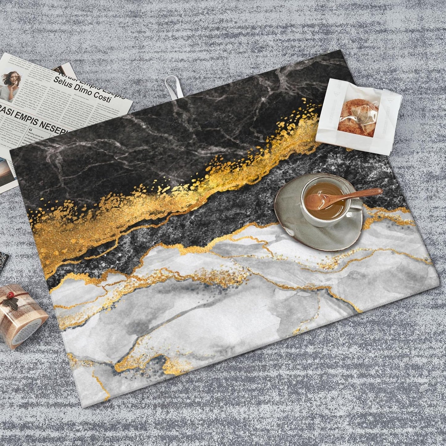 Gold and Black Grey Kitchen Drying Mat Black Gold Marble Decor Microfiber Dish Drainer Mat for Kitchen Counter Absorbent Reusable Washable 18x24 Inch