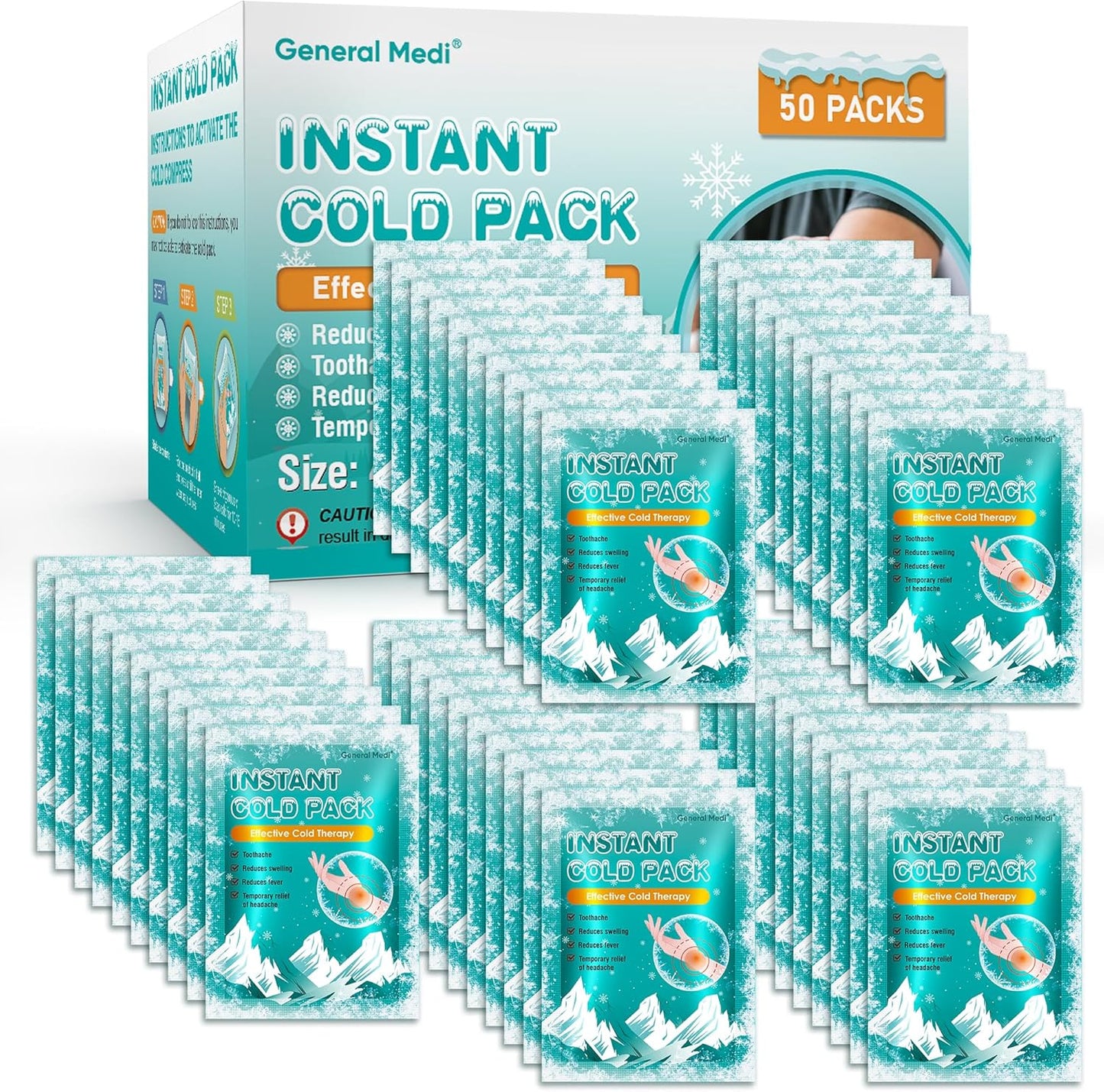 General Medi Instant Ice Cold Pack (4”x 5.5”) – 50 Packs Disposable Cold Therapy Ice Packs for Pain Relief, Swelling, Inflammation, Sprains, Toothache – for Athletes & Outdoor Activities