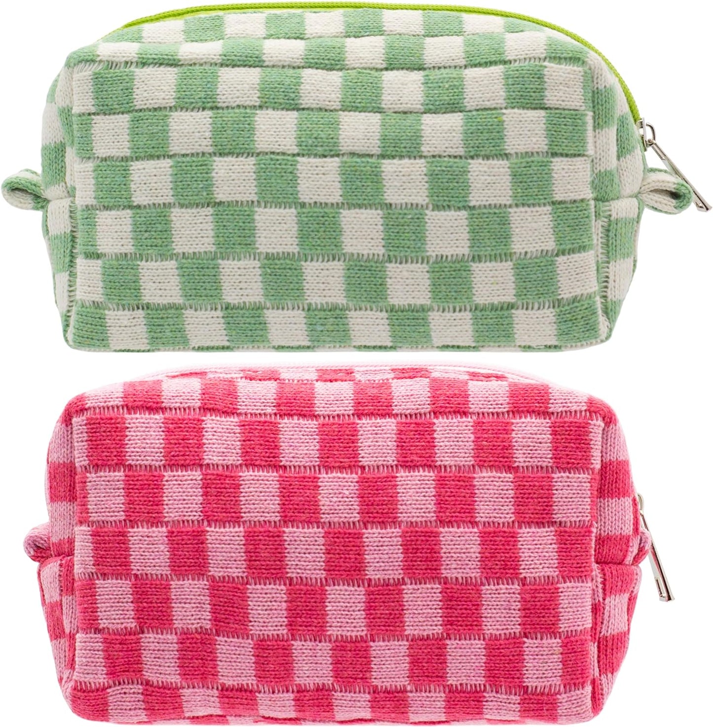 PAZIMIIK Checkered Makeup Bag for Purse Portable Zipper Make Up Pouch Small Cosmetic Case for Travel Accessories (2PCS Hotpink Light Green)