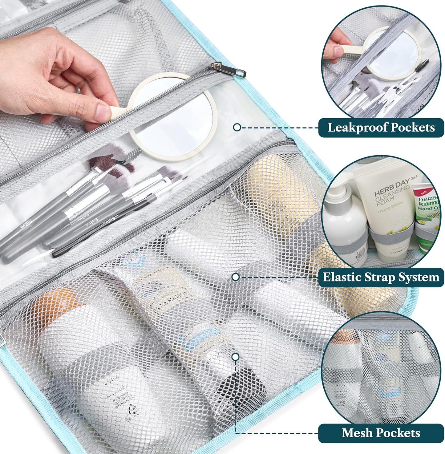 PAVILIA Hanging Toiletry Bag Women Men, Travel Kit Foldable Large Toiletries Organizer, Roll up Cosmetics Makeup Bag Accessories, Waterproof Essentials Jewelry Case (Teal Chevron)