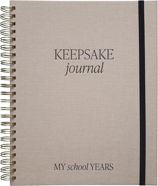 Sweet Water Decor Kid's Keepsake Memory Journal, Cute Prompted Entry Notebook for Moms and Parents, 14 White Craft Envelopes for Capturing Memories, Tan Fabric Spiral Bound Diary with Gold Foil Detail