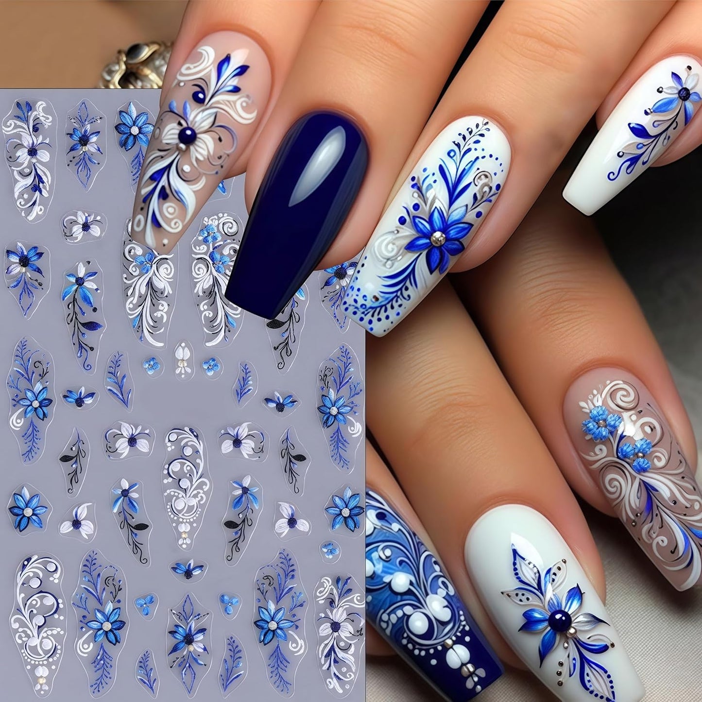 4 Sheets Blue Flower Nail Art Stickers Colored Flower Love Butterfly Nail Stickers 5D Embossed Floral Nail Decals Lily of The Valley Petal Vine Nail Art Supplies for Women Girl DIY Nail Decorations
