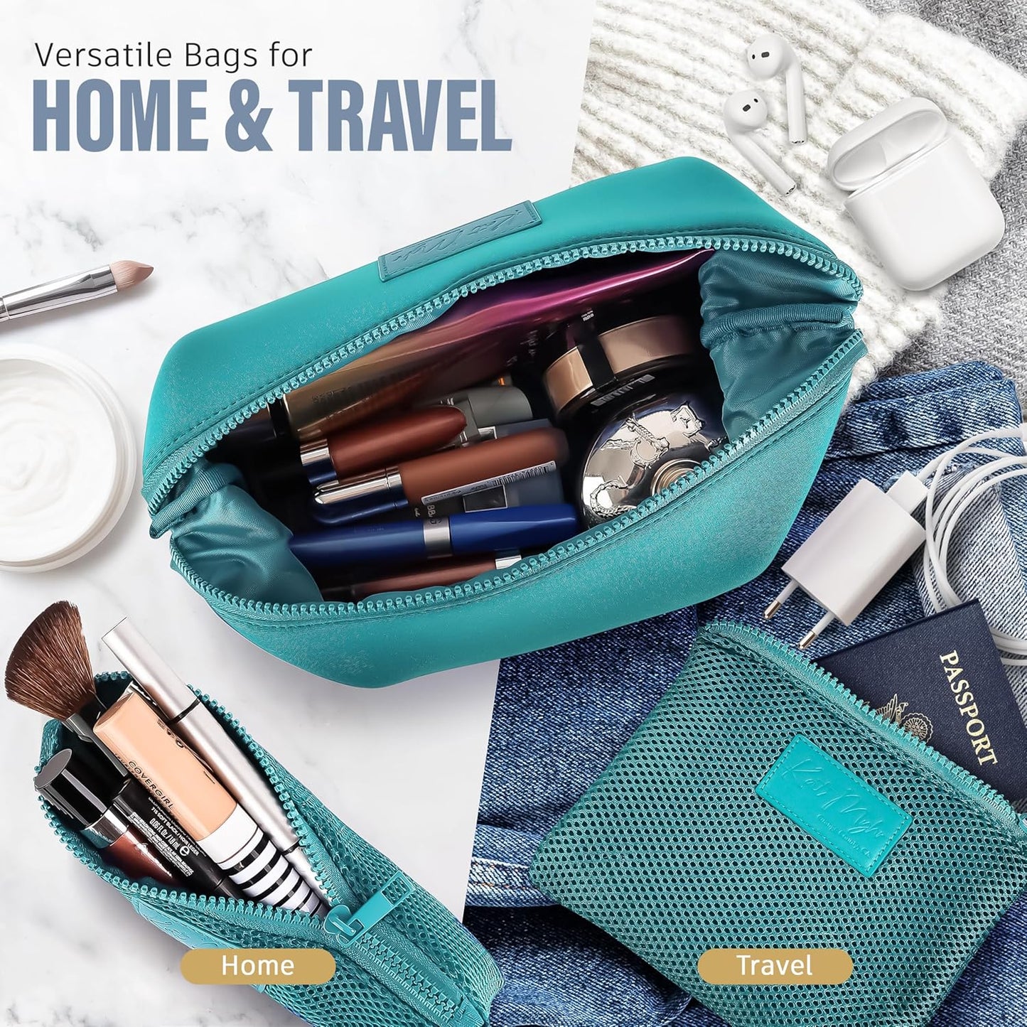 Kat Myhr Neoprene Washable Travel Makeup & Cosmetic Bag Set, 2 Air Mesh Pouches,100% Neoprene Toiletry Bag, Large Water Resistant Travel Bag for Toiletries, Makeup Cosmetic Travel Bag (Turquoise)