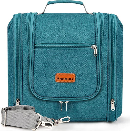 Travel Hanging Toiletry Bag for Women and Men, 6 Organizer Compartments, Holds Full Size Bottles, Extra Large Cosmetic Accessories, Makeup essentials, Bathroom Water-resistant Toiletries Bag, Blue